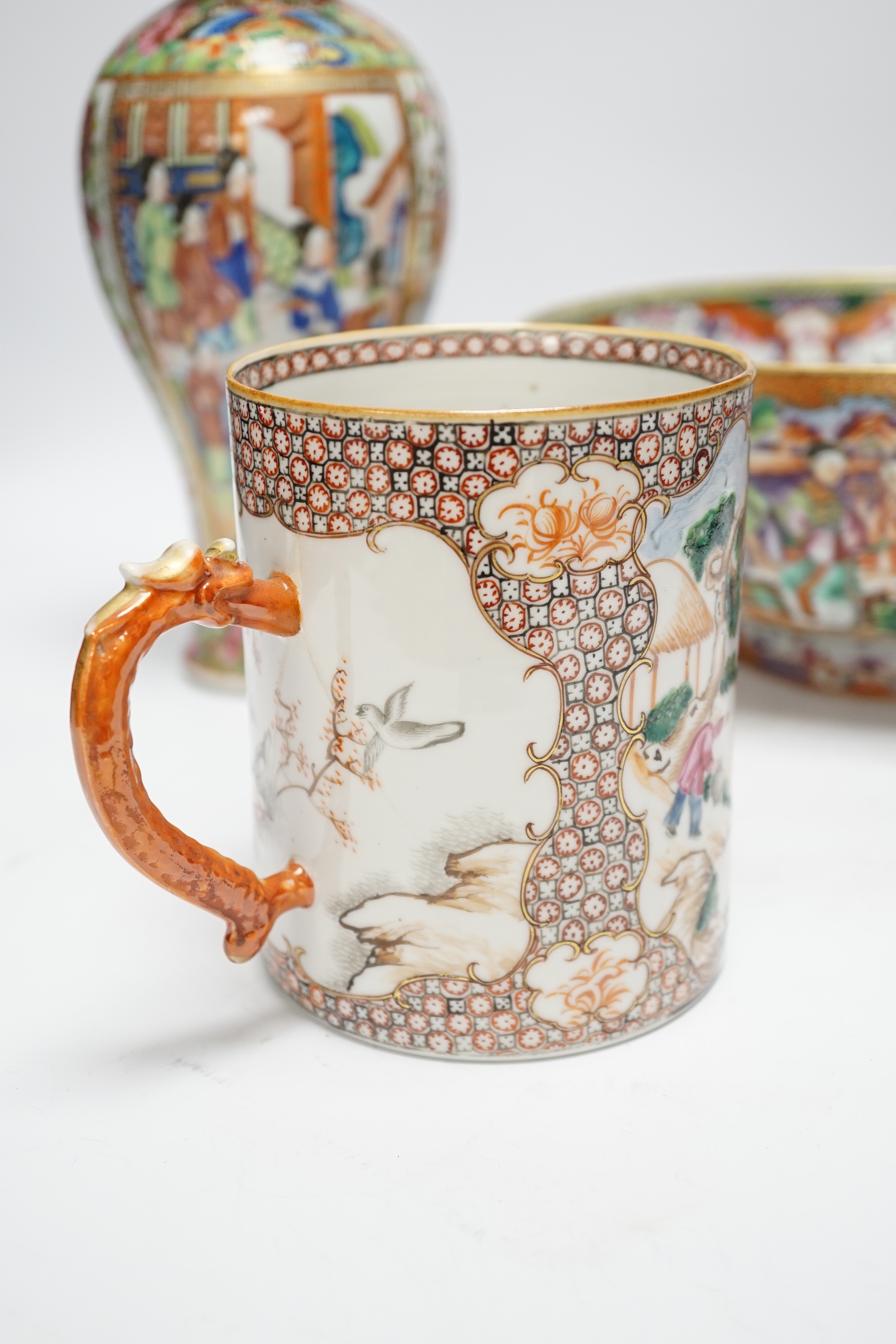 An 18th century Chinese Mandarin pattern bowl and mug, and a 19th century Canton famille rose vase and cover (3), vase and cover 30cm high